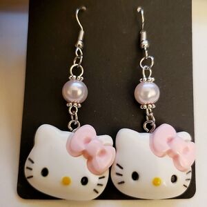 Handmade Pink and White Pearl Hello Kitty Earrings